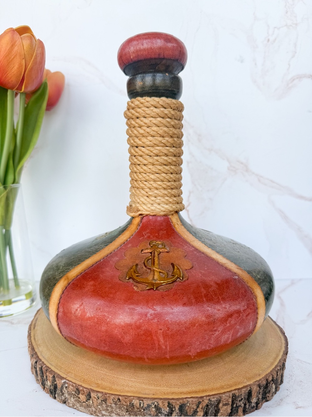 Vintage Italian Hand Tooled Leather Rope-Wrapped Decanter